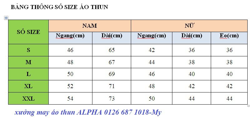 BẢNG THÔNG SỐ SIZE ÁO THUN BẢNG THÔNG SỐ SIZE ÁO THUN